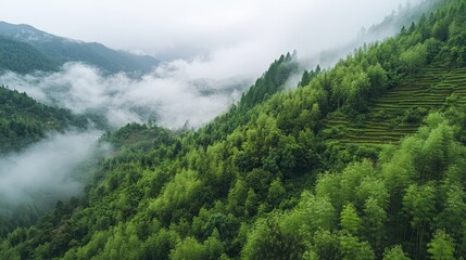 Naklejka premium A foggy bamboo forest in the mountains, with vibrant green vegetation, creating a serene and peaceful environment amidst nature beauty