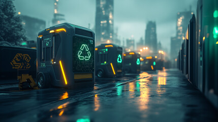 A futuristic urban scene featuring autonomous garbage trucks with recycling symbols. A rainy nighttime city, showcasing sustainable technology and smart ecological solutions.