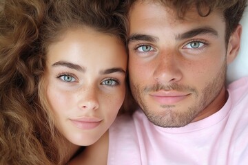 Close-up portrait of a young couple with freckles and blue eyes relaxing together