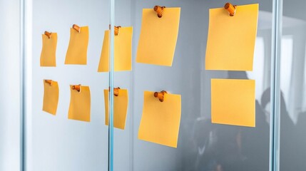 Collection of Empty Sticky Notes on Glass Wall in Modern Office