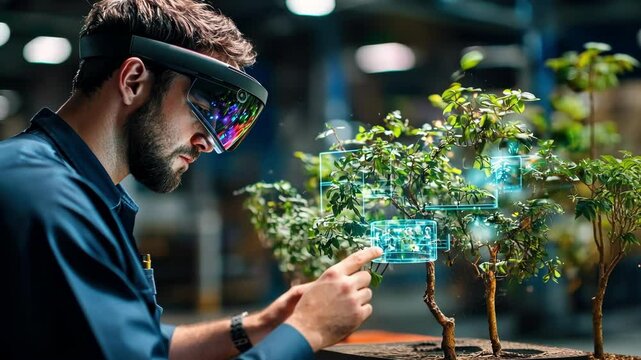 Industrial engineer wearing augmented reality goggles analyzing bonsai tree growth using holographic projection, innovative technology improving agriculture and environmental sustainability