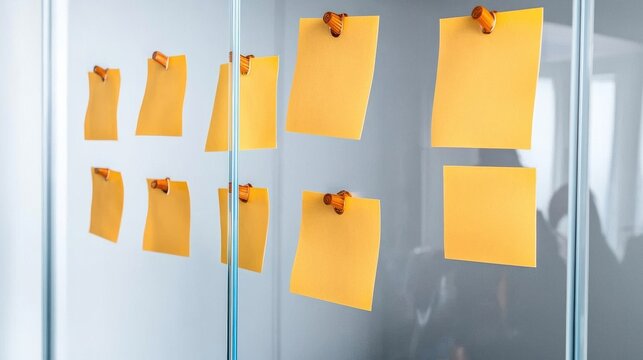 Collection of Empty Sticky Notes on Glass Wall in Modern Office