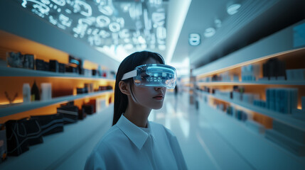 A young woman in an AR headset walks through a futuristic store surrounded by digital projections of numbers and data.