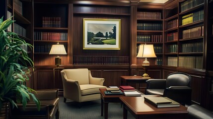 A sophisticated law firm office with dark oak furniture, bookshelves, and a white frame.