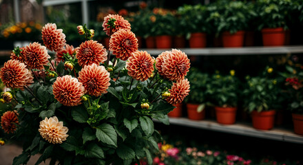 dahlia seedlings in pots at a garden market