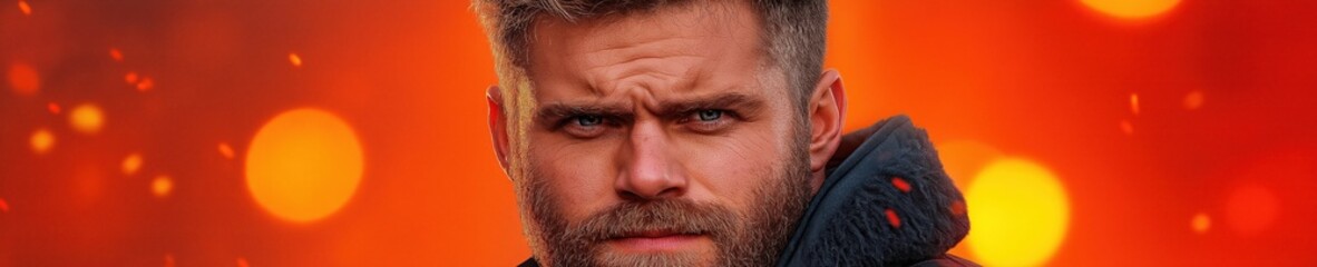 Obraz premium Intense expression of a random man against a vibrant orange background with a rugged appearance and captivating blue eyes