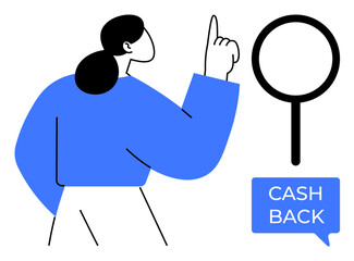Woman pointing up, highlighting the text Cash Back inside a speech bubble with a magnifying glass emphasizing focus on financial rewards and savings. Ideal for financial services, consumer