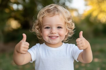 A cheerful young child with curly hair expresses happiness by giving two thumbs up, perfectly capturing the essence of childhood joy and carefree moments.