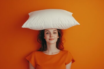 Caucasian young female balancing pillow on head against orange background