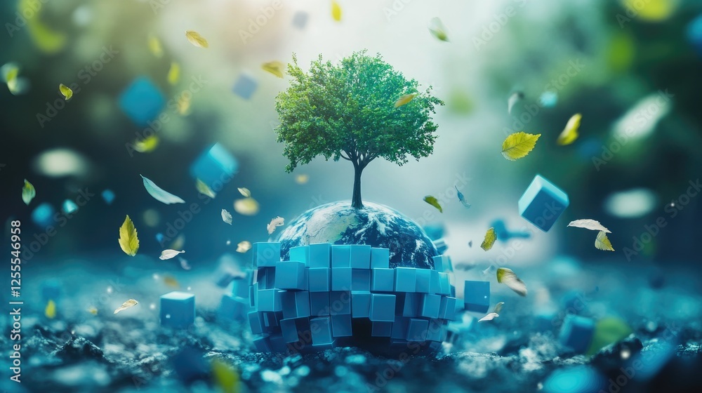 Poster a globe with a tree sprouting from it, surrounded by falling leaves and geometric blue cubes, symbol