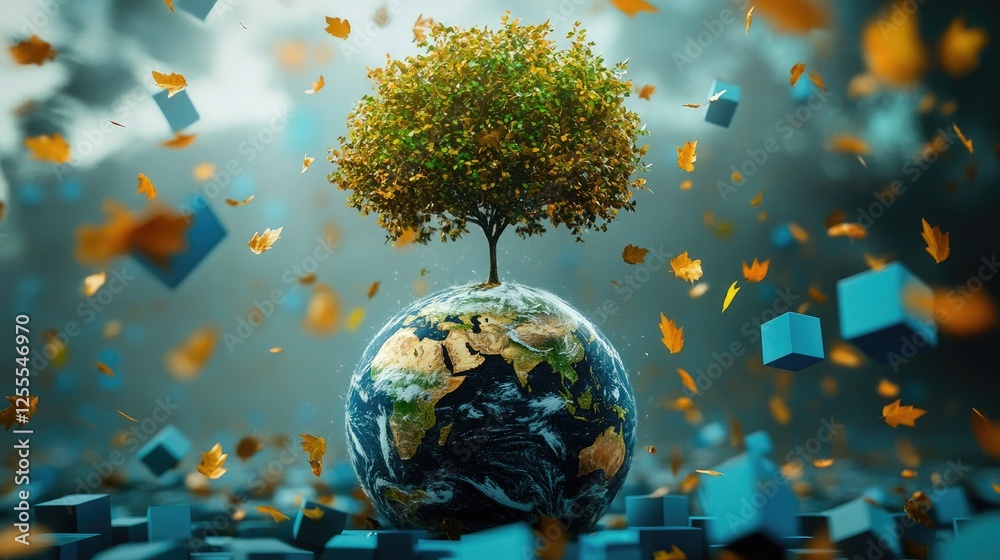 Poster a globe with a tree sprouting from it, surrounded by falling leaves and geometric blue cubes, symbol