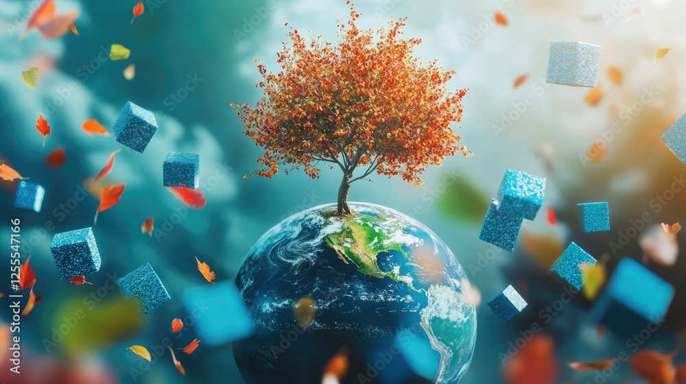 Poster a globe with a tree sprouting from it, surrounded by falling leaves and geometric blue cubes, symbol