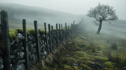 Obraz premium A captivating foggy morning in the Scottish Highlands reveals a tranquil view of stone walls and a lone tree amidst the misty terrain