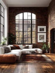 A spacious industrial loft with exposed brick walls, large windows, and a white frame.