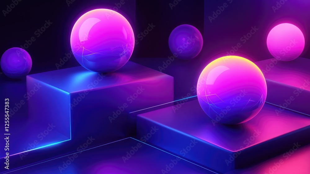 Poster A glowing high-contrast image of neon spheres placed on geometric platforms, creating an abstract, futuristic look with bold colors and shapes