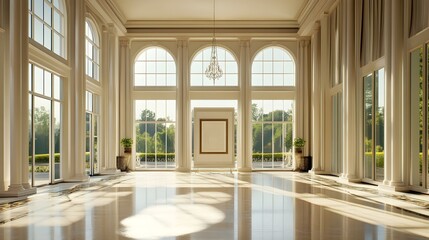 Fototapeta premium A spacious, elegant art room with floor-to-ceiling windows and a white frame hanging symmetrically.