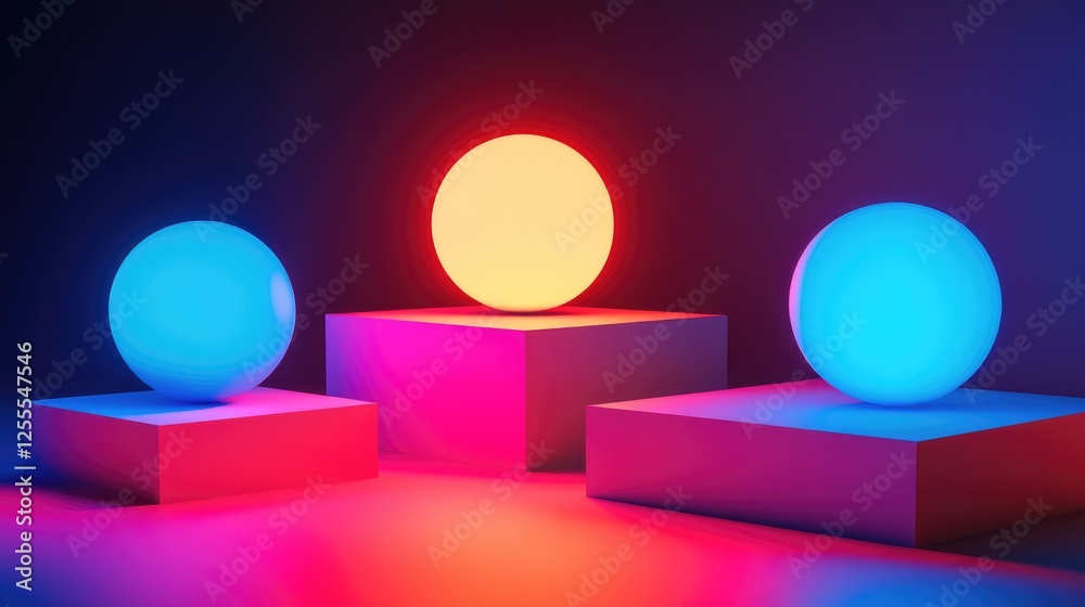 Poster A glowing high-contrast image of neon spheres placed on geometric platforms, creating an abstract, futuristic look with bold colors and shapes