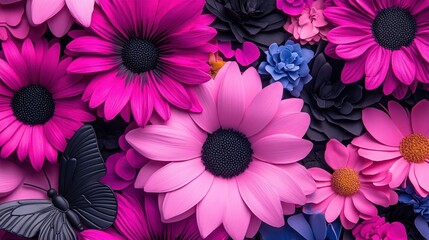 Fototapeta premium Vibrant floral collage with pink and black flowers and butterfly