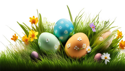 Easter eggs nestled in a patch of spring grass with daffodils.