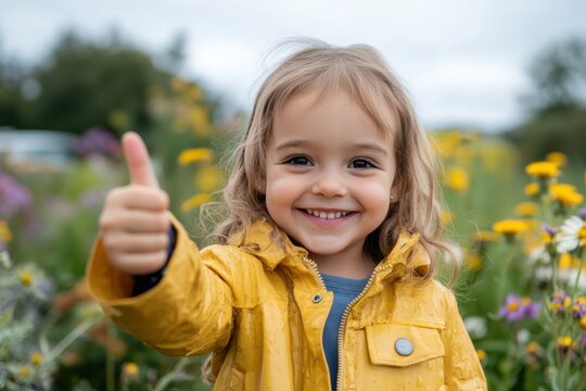A joyful little girl in a yellow jacket stands in a field of flowers, giving a thumbs-up, showcasing her exuberance and the vibrant beauty of nature around her.