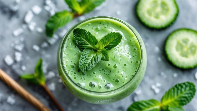 Creamy green smoothie with mint and cucumber - a refreshing summer drink.