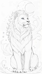 Obraz premium A serene white lion, sitting majestically, gazing thoughtfully towards the upper right, under a crescent moon and a scattering of stars. Line art, sketch style illustration.