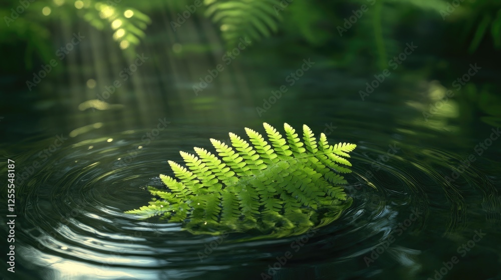 Poster a green fern leaf floating gently in a serene pond, surrounded by peaceful water reflections and sof