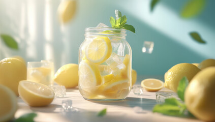 A glass jar filled with lemonade, ice, fresh lemon slices, and mint leaves, surrounded by whole lemons and ice cubes in a bright setting