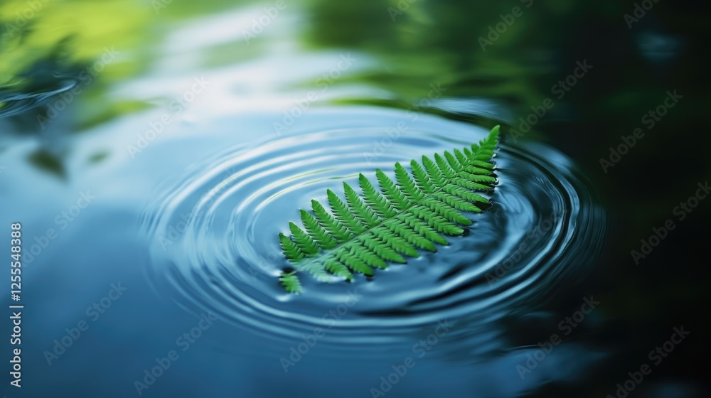 Poster a green fern leaf floating gently in a serene pond, surrounded by peaceful water reflections and sof