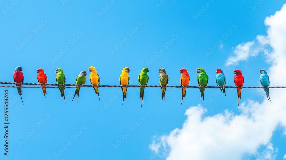 Aufkleber A group of colorful birds perched on a power line under a brilliant azure sky, creating a lively and natural setting filled with energy