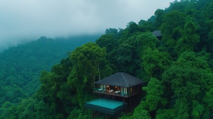 Luxurious jungle retreat with infinity pool in misty rainforest landscape