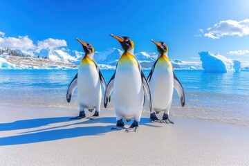 Fototapeta premium Majestic king penguins on pristine beach with vibrant blue sky and icy background