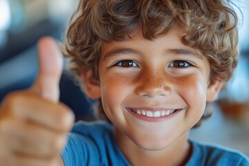 With a joyful grin and a thumbs up, this young boy radiates happiness, embodying the spirit of childhood and carefree days filled with joy and adventure.
