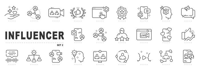 Set of influencer related line icons. Blogger, creator, audience etc. Editable stroke. Set 2