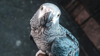 Obraz premium Close-up of a curious gray parrot perched on a branch, with a blurred background highlighting its vibrant feathers