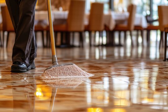 Janitor cleaning shiny restaurant floor with mop
