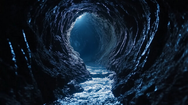 地下道の光と水の流れが織りなす幻想的風景