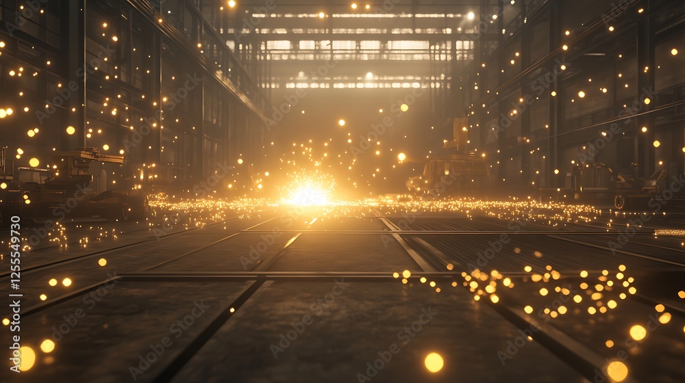 Aufkleber A glowing light source illuminates a dark industrial space filled with floating particles, creating a mystical atmosphere.
