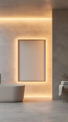 A spa-like minimalist bathroom with soft lighting, clean lines, and a framed blank canvas. 