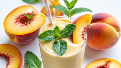 Refreshing peach smoothie with mint and ripe peaches