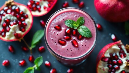 Vibrant pomegranate smoothie with fresh mint leaves and halved pomegranates.