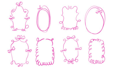 Doodle coquette frames with bows. Vintage line wavy border with ribbons set. Vector cute scribble curly rectangle and oval template foe holiday menu. Minimalistic cadre birthday hand drawn.