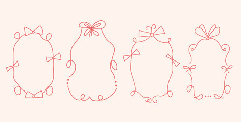 Doodle coquette frames with bows. Vintage line wavy border with ribbons set. Vector cute scribble curly rectangle and oval template foe holiday menu. Minimalistic cadre birthday hand drawn.