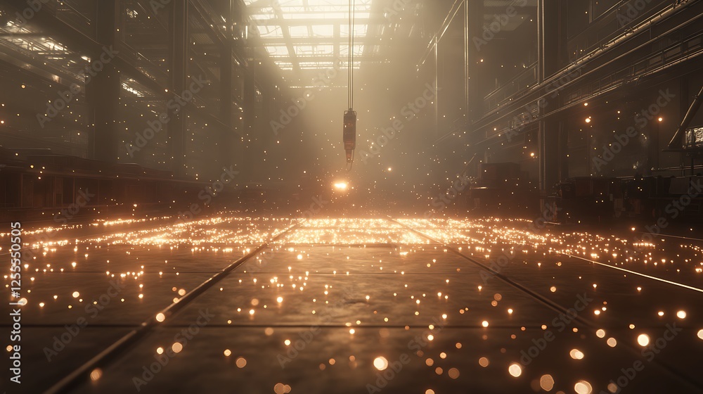 Aufkleber a dimly lit industrial space filled with glowing particles, highlighting a suspended object and a se