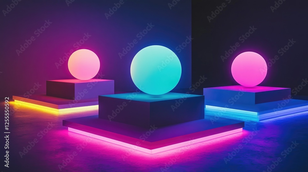 Poster A high-contrast image of luminous neon spheres placed on geometric platforms, creating a modern and abstract art piece with vibrant colors