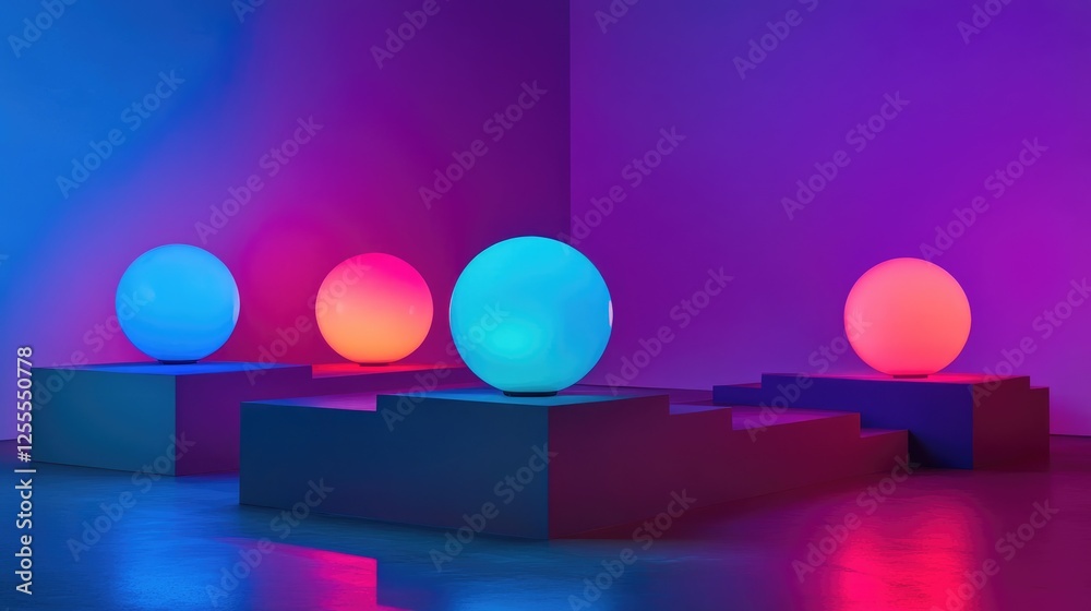 Poster a high-contrast image of luminous neon spheres placed on geometric platforms, creating a modern and 