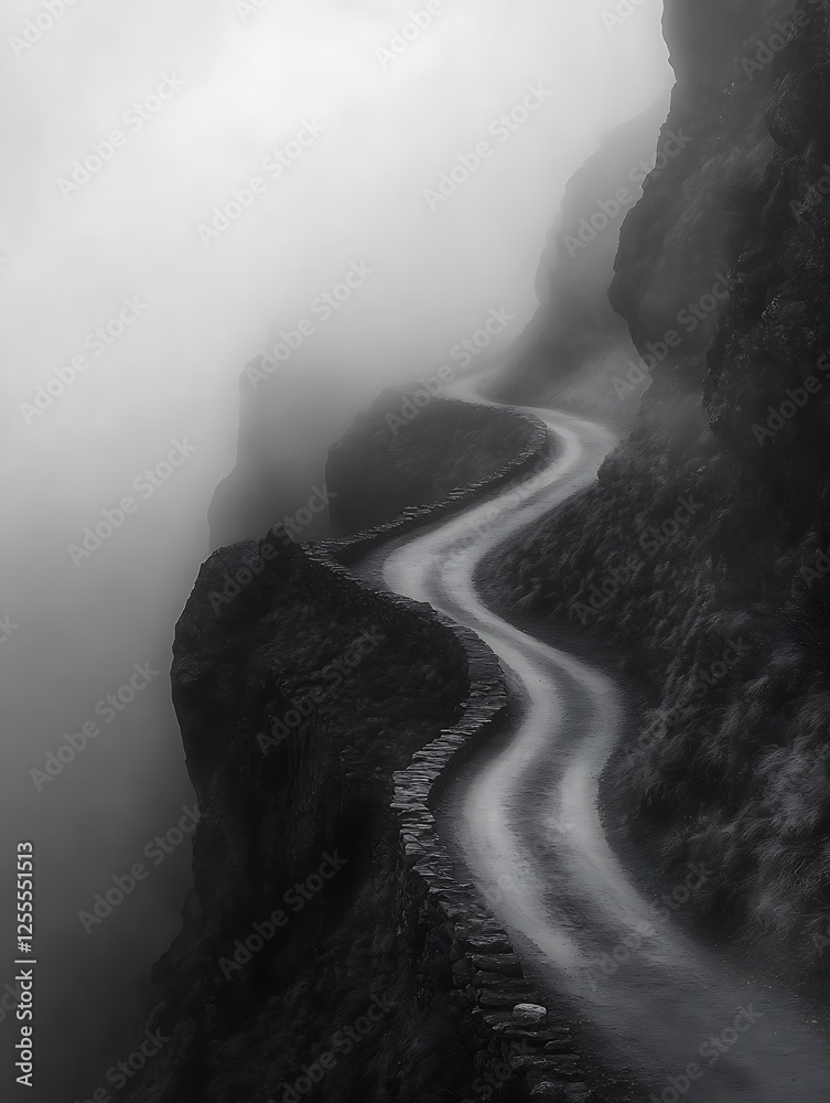 Poster a winding road cuts through a foggy landscape, surrounded by rocky cliffs, creating a mysterious and