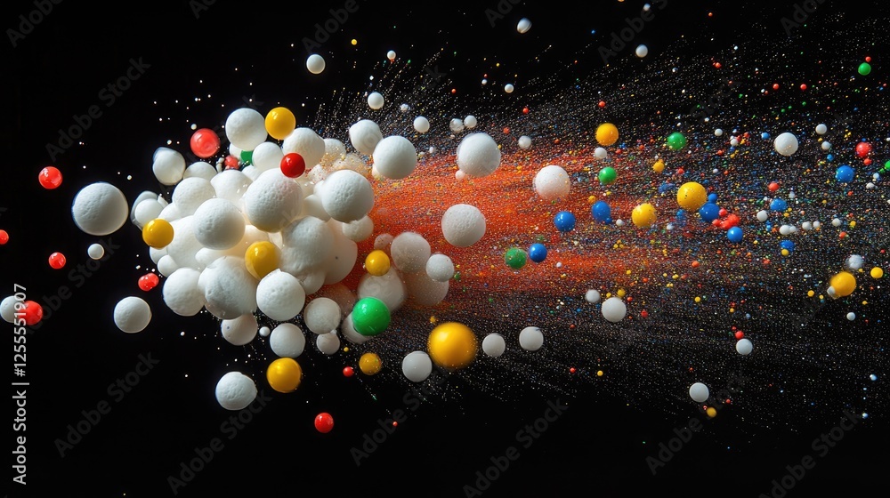 Poster A high-speed capture of Styrofoam mini balls bursting outward, with colorful particles scattering and motion blur enhancing the sense of action