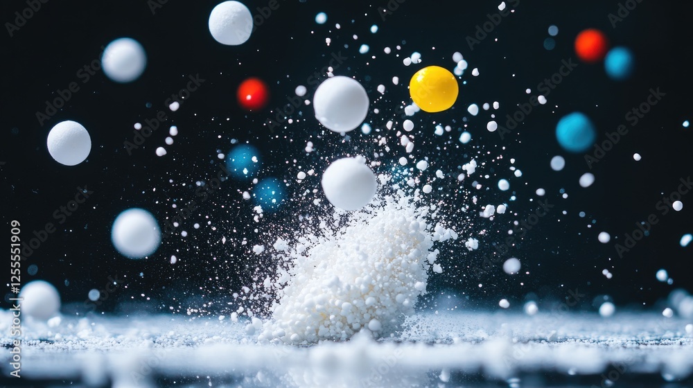 Poster a high-speed capture of styrofoam mini balls bursting outward, with colorful particles scattering an