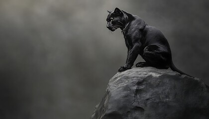 Black panther poised on a smoky gray solid background